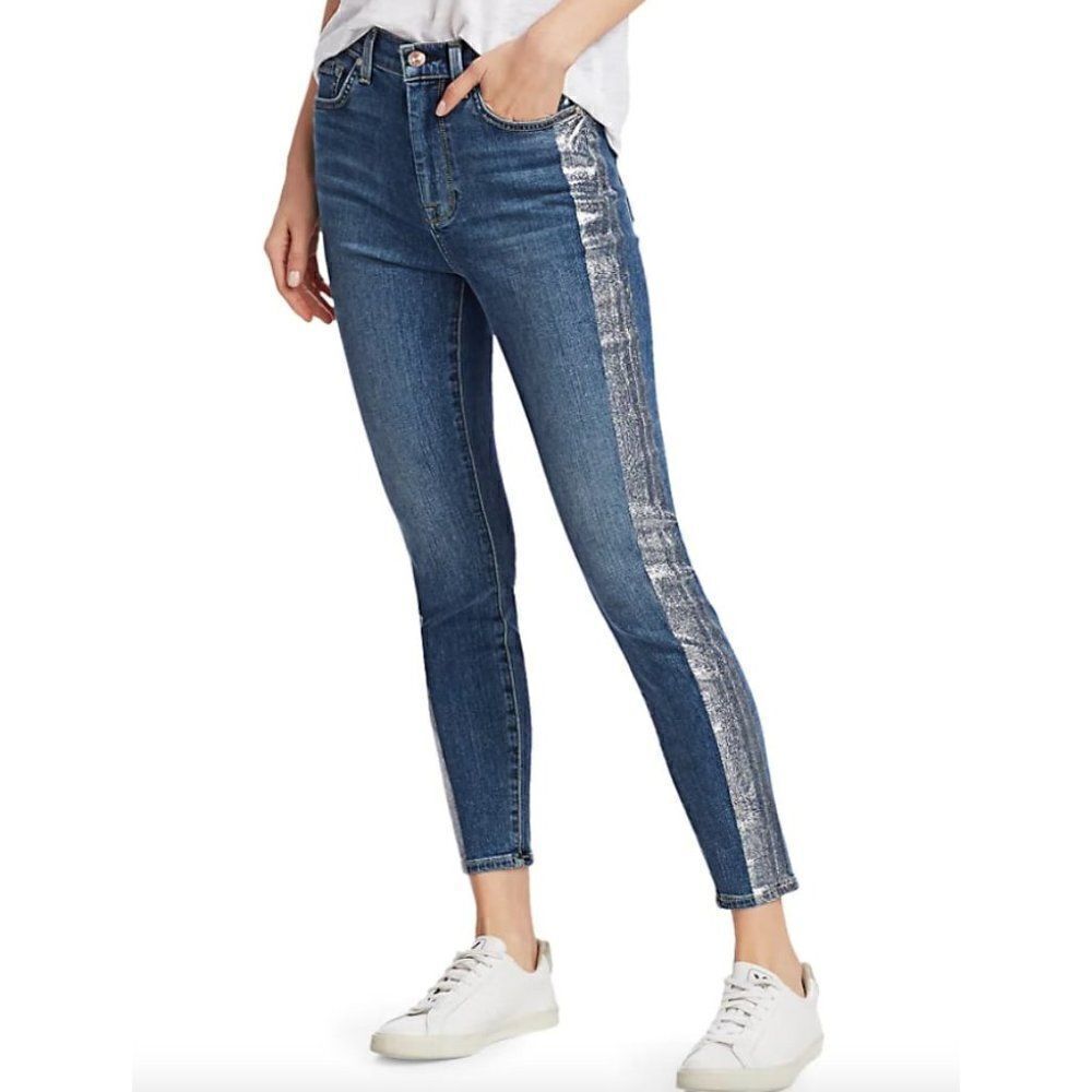 NEW 7 For All Mankind Bair High Waist Metallic Foil Stripe Ankle Skinny Jeans